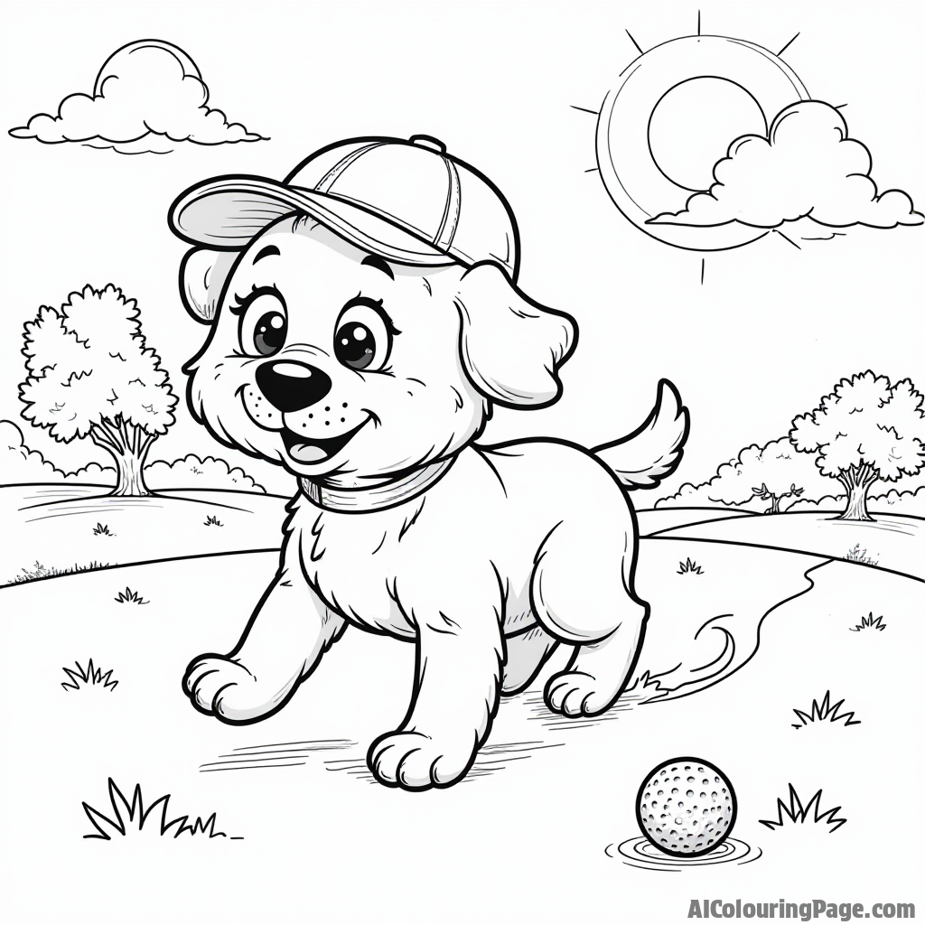 A cute dog wearing a golf cap, chasing a golf ball on the fairway, with a beautiful tree in the background and a sun shining brightly above.