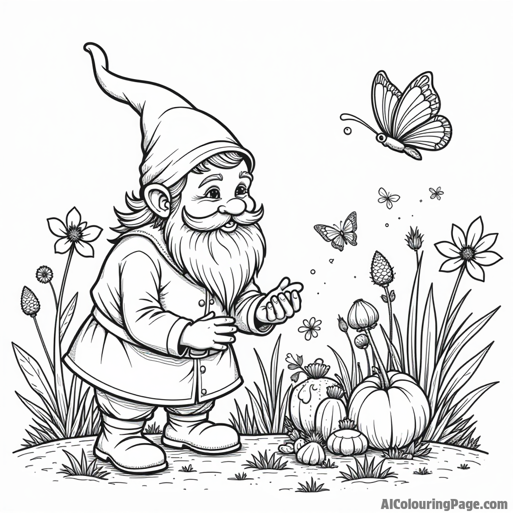 A gnome tending to a magical herb garden with unusual plants and a friendly butterfly fluttering around.