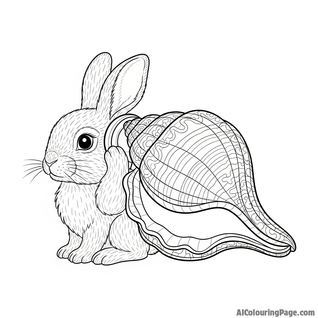 A rabbit listening to the ocean inside a large seashell.