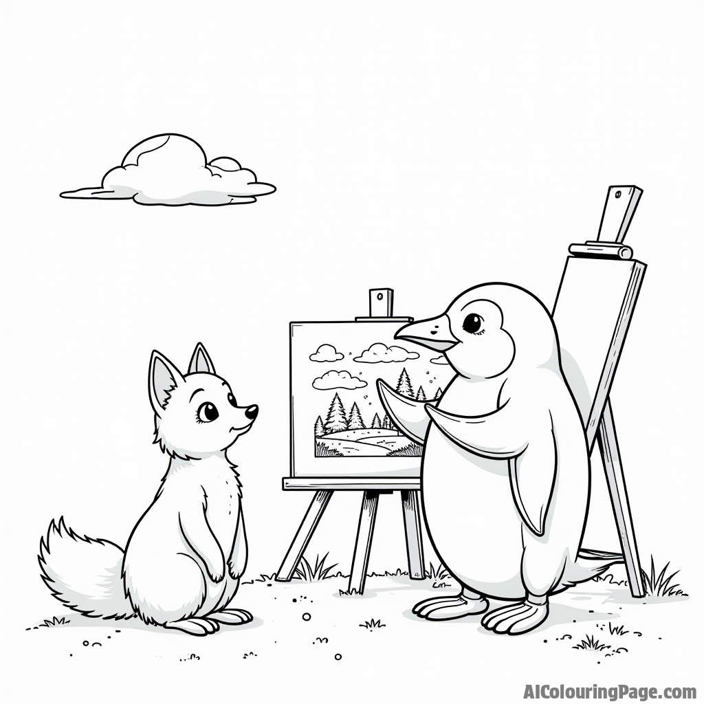 A penguin painting a beautiful landscape scene on an easel with a friendly fox watching curiously.