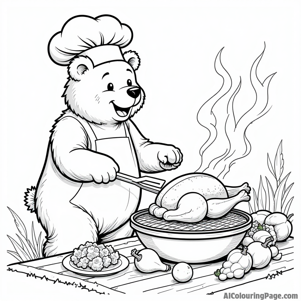 A bear wearing a chef hat cooking a turkey on a grill, surrounded by vegetables and a picnic table with food