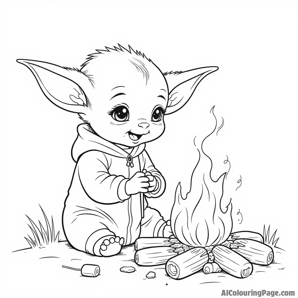 Baby Yoda enjoying a cozy campfire with marshmallows roasting on sticks