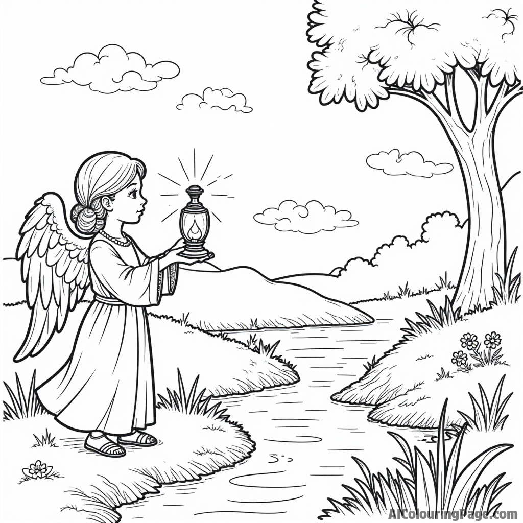 An angel holding a glowing lantern while standing near a peaceful stream with trees and flowers for kids to color.