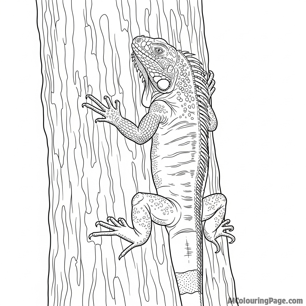 A powerful iguana clinging vertically to the rough bark of a giant tree.