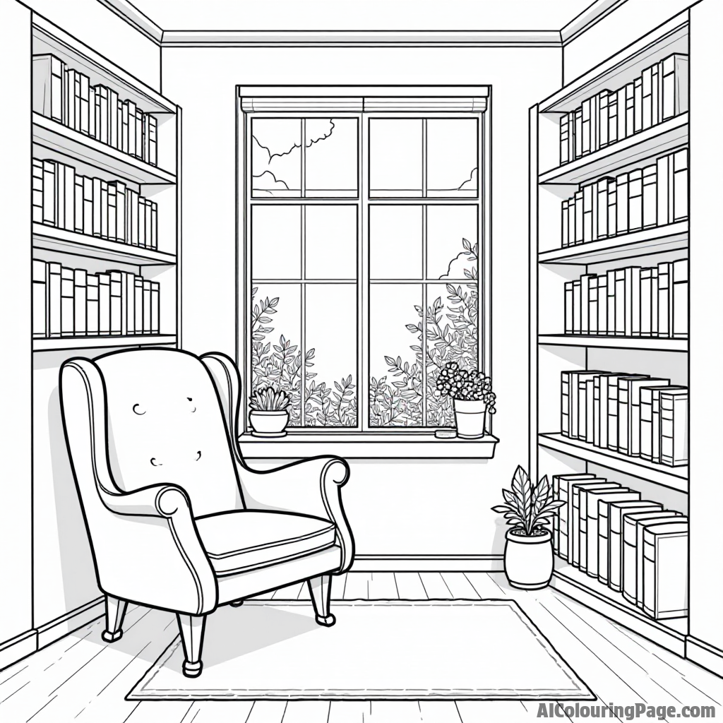 A cozy reading nook with an armchair, bookshelves filled with books, and a window showing a vibrant garden outside.