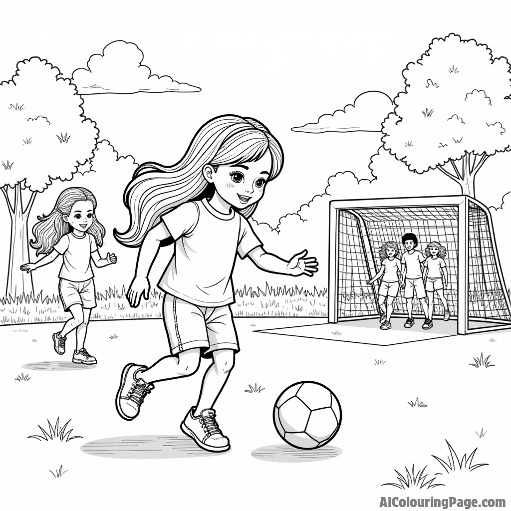 A doll playing soccer with her friends in a park, with a soccer ball, goalpost, and cheering crowd around.