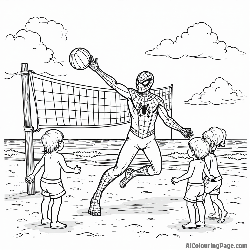 Spiderman playing volleyball with kids at the beach, waves crashing in the background, a fun day in the sun