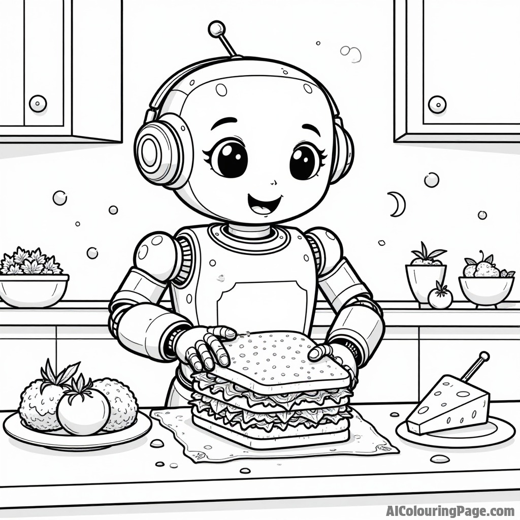 A friendly sandwich robot making sandwiches in a kitchen, with floating ingredients like lettuce, tomatoes, and cheese around.