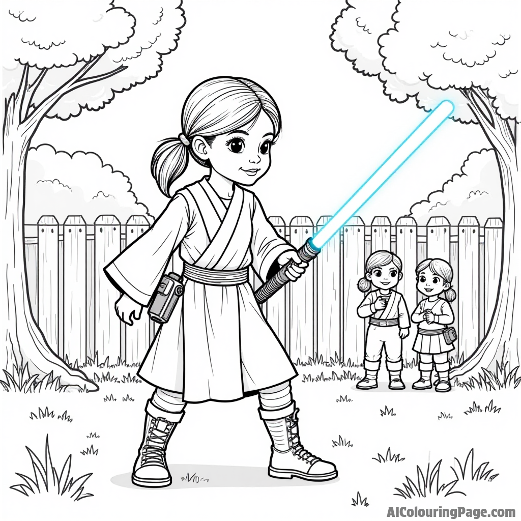 A young girl dressed as a Jedi, practicing her lightsaber skills in a backyard with friends cheering her on.