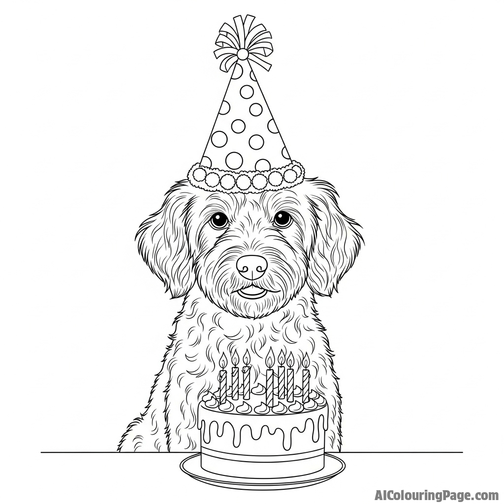 A dog wearing a silly party hat, sitting in front of a birthday cake.