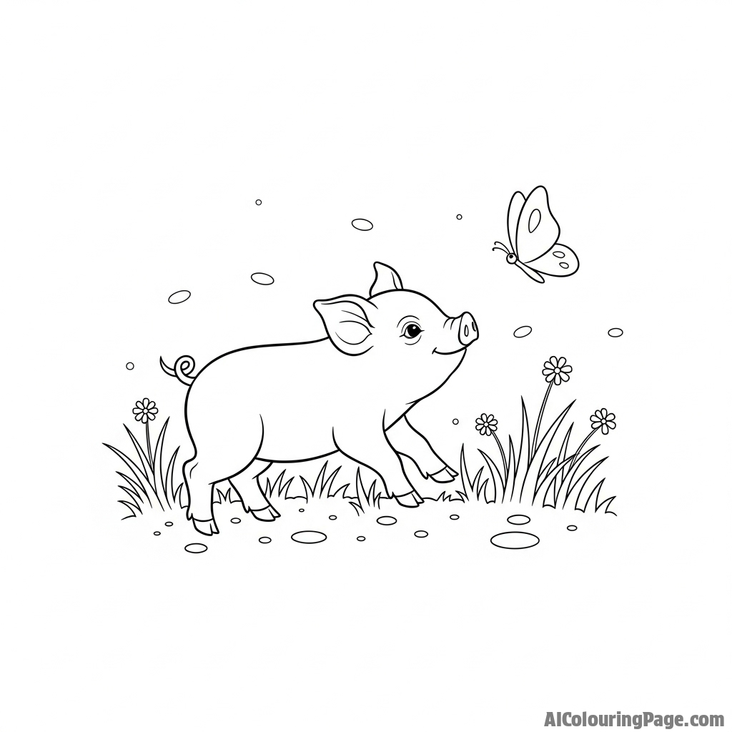 A piglet chasing a fluttering butterfly through a sun-dappled meadow.