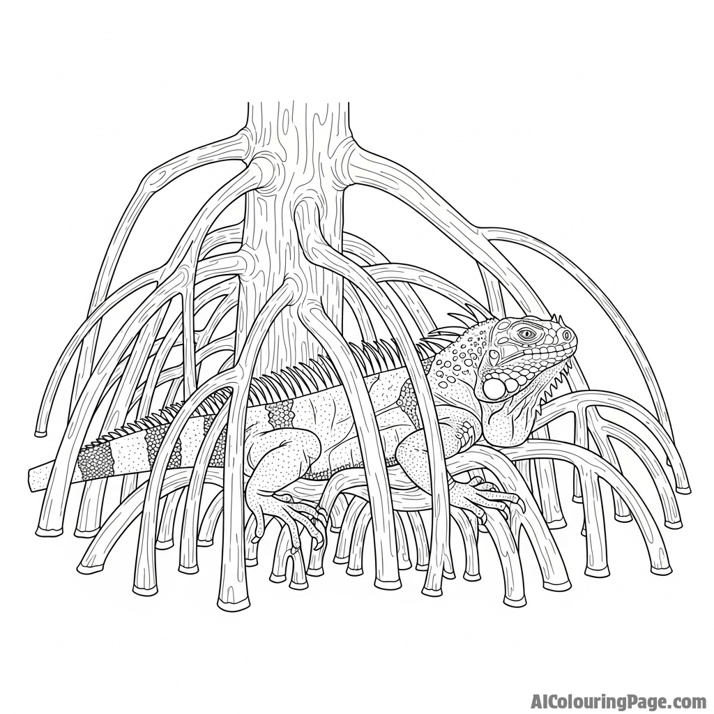 An iguana camouflaged amongst the roots of a mangrove tree.