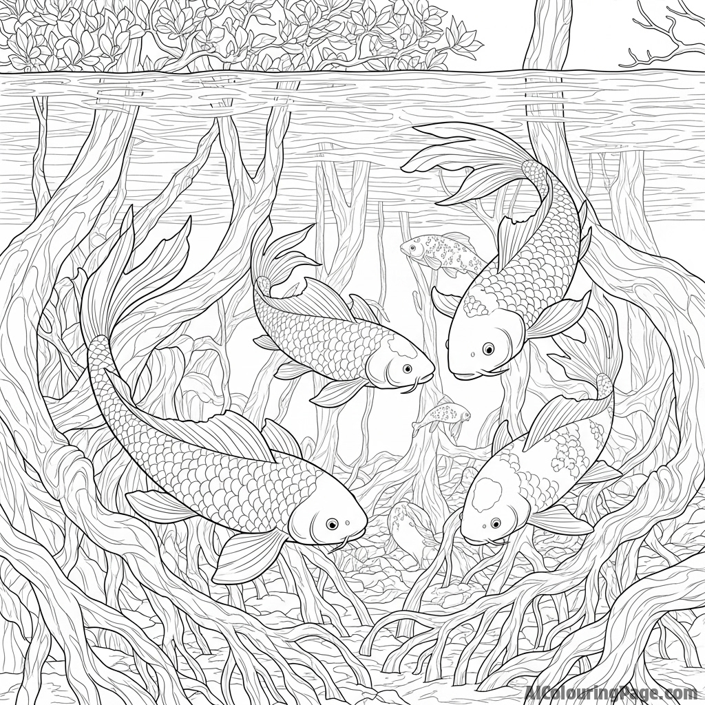 A dreamlike image of koi swimming through a submerged, gnarled forest of mangrove roots.