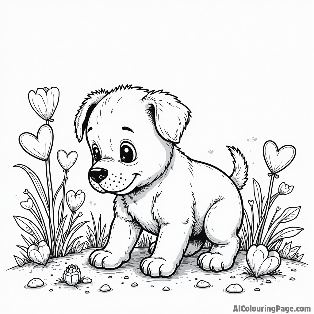 A playful puppy digging in a flower bed filled with heart-shaped plants and surprises for a fun Valentine’s Day