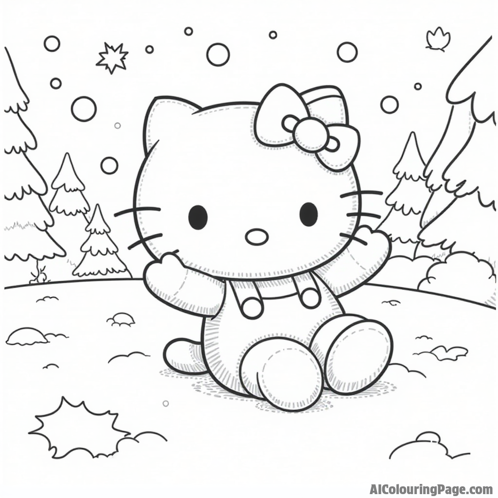 Hello Kitty making a snow angel in a snowy landscape with snowflakes falling and trees in the background