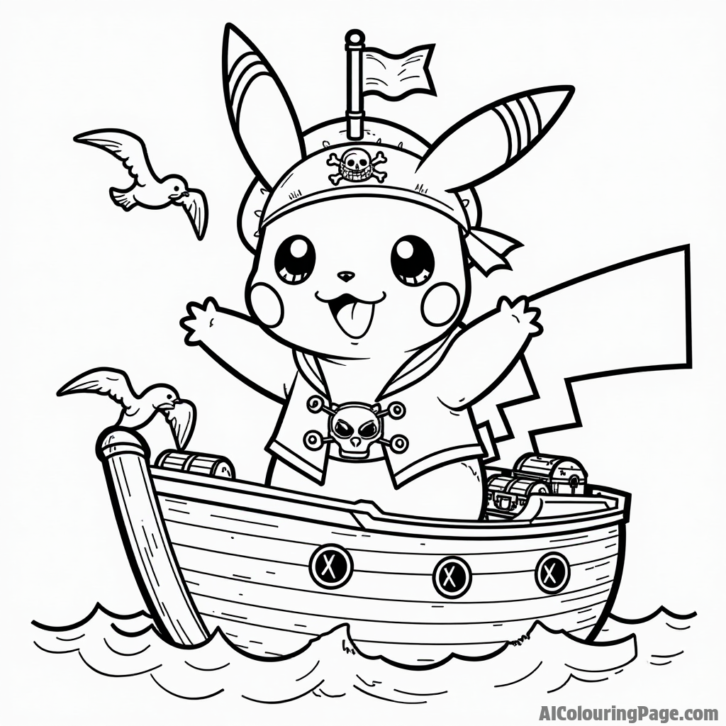 Pikachu dressed as a pirate sailing on a ship with treasure chests and seagulls