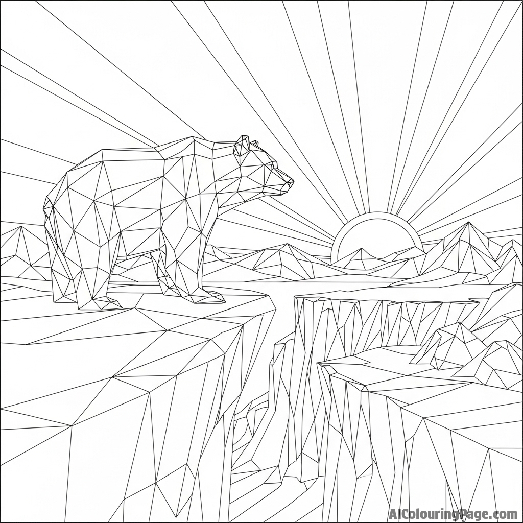 A low-poly, geometric rendering of a bear standing on a cliff edge.