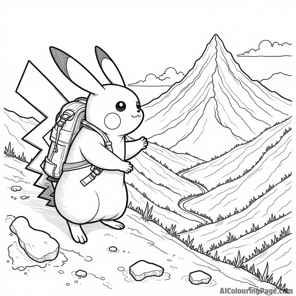 Pikachu climbing a mountain with a backpack and a scenic view of valleys and rivers below