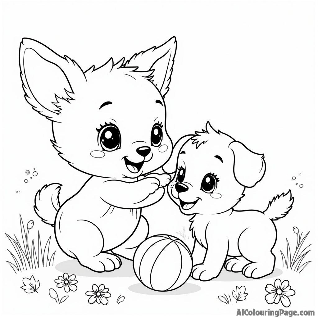 A Hatchimal playing with a puppy in a grassy field, with a ball and flowers scattered around, presenting a cheerful coloring opportunity for children in this Toys and Games Coloring Pages theme.