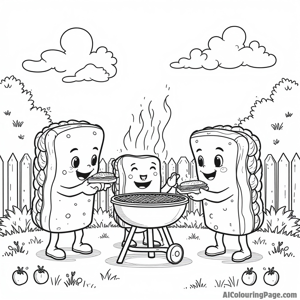 A family of sandwiches having a barbecue in the backyard with a grill, vegetables, and a sunny sky above.