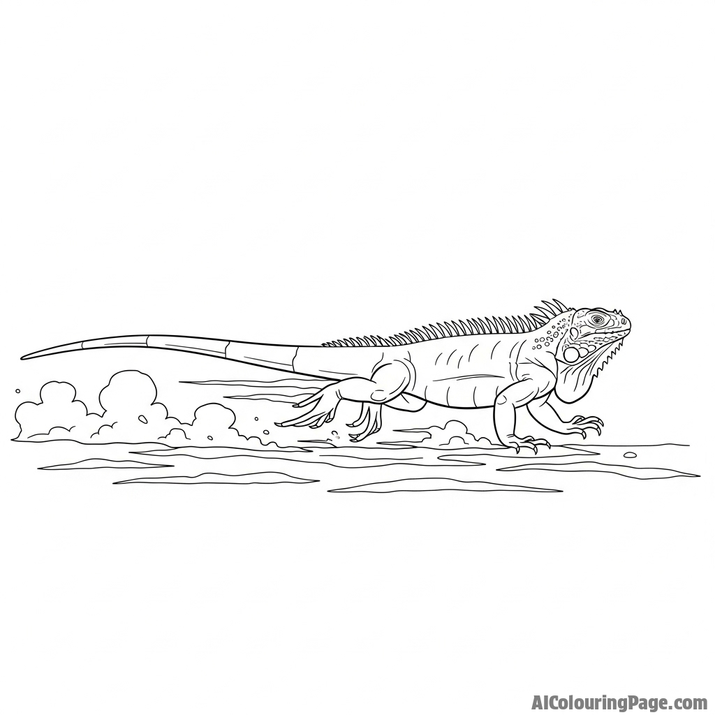 An iguana mid-stride, captured with motion blur, crossing a dusty path.