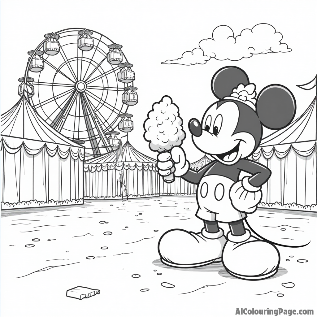 Mickey Mouse at the carnival enjoying cotton candy, with a Ferris wheel and colorful tents in the background.