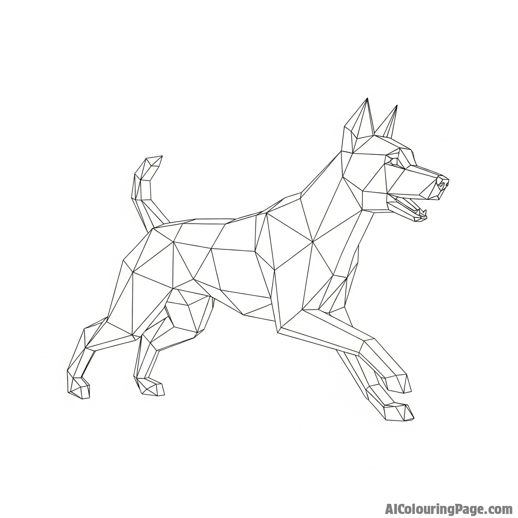 A low-poly 3D rendering of a dog in a running pose.