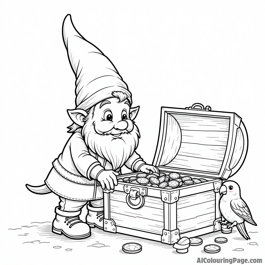 A gnome discovering a hidden treasure chest filled with gold coins, jewels, and a playful parrot perched nearby.