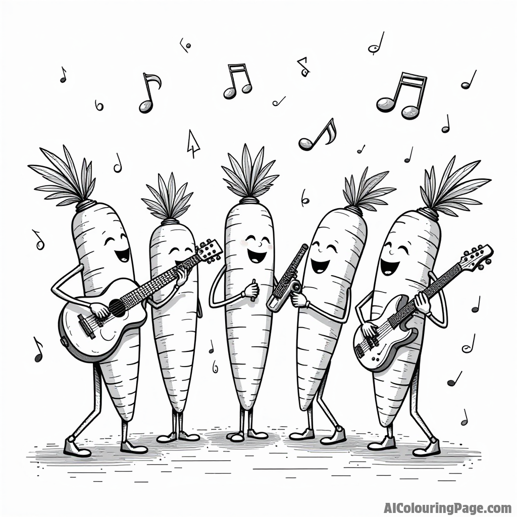 A group of carrots playing musical instruments in a band, with notes swirling around them in a lively concert setting.