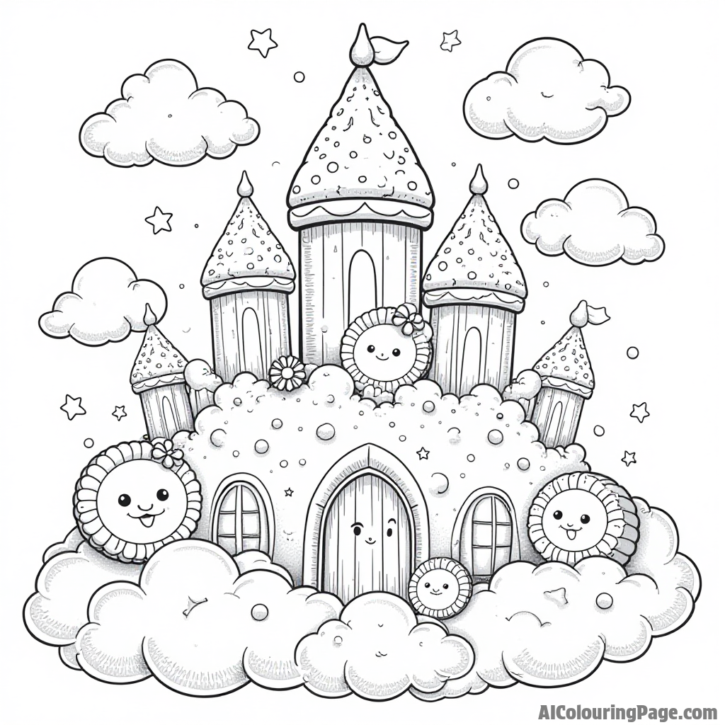 A dreamy cloud kingdom made of fluffy cookies, with cute little cloud characters floating around enjoying the treats.