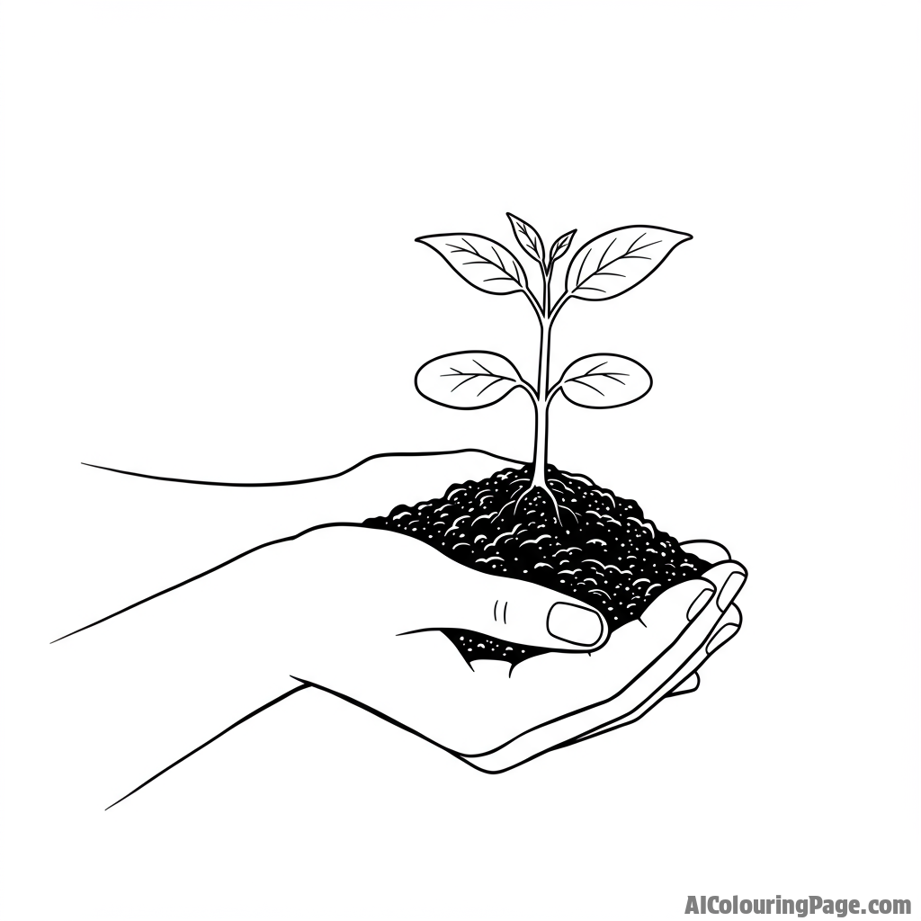 Hand holding soil with a small sprout.