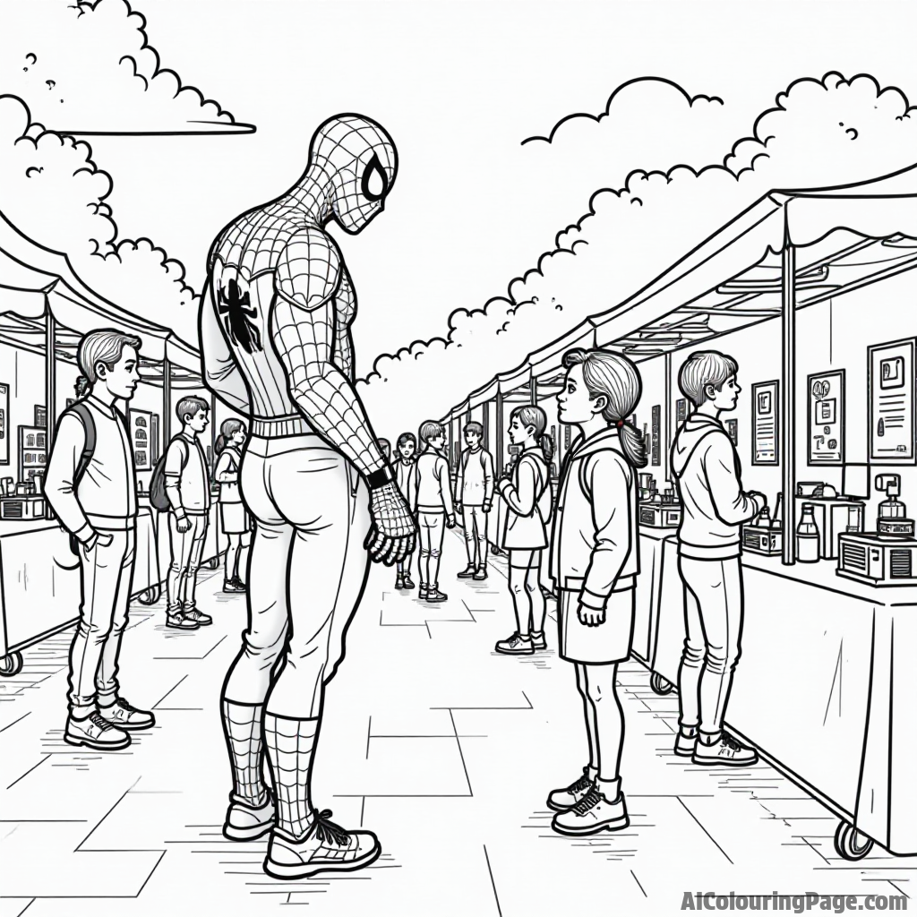 Spiderman attending a science fair with children, colorful projects displayed, excitement buzzing in the atmosphere