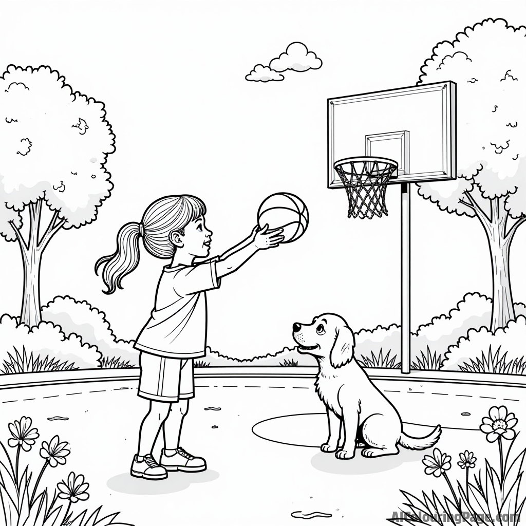 A young girl practicing her free throw at a basketball court, with her dog cheering beside her, surrounded by trees and flowers, creating a heartwarming scene for coloring.