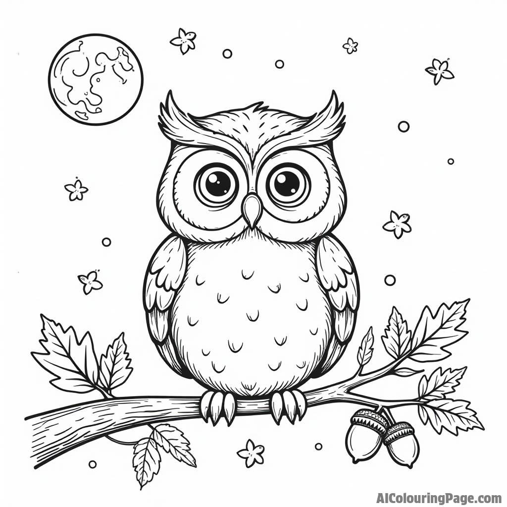 A cute owl perched on a branch surrounded by colorful leaves, acorns, and a full moon in the background