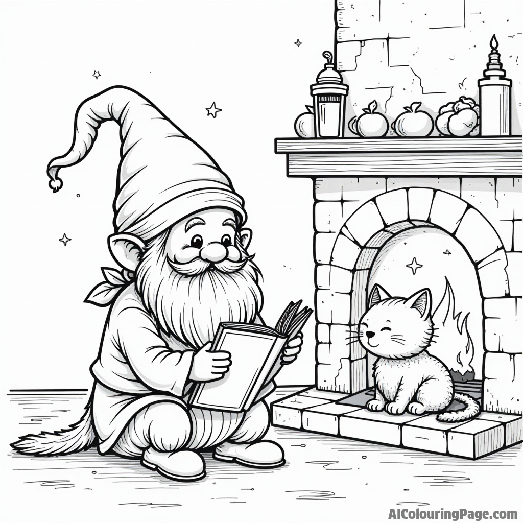 A gnome enjoying a cozy evening by the fireplace, reading stories with a cat curled up on his lap happily.