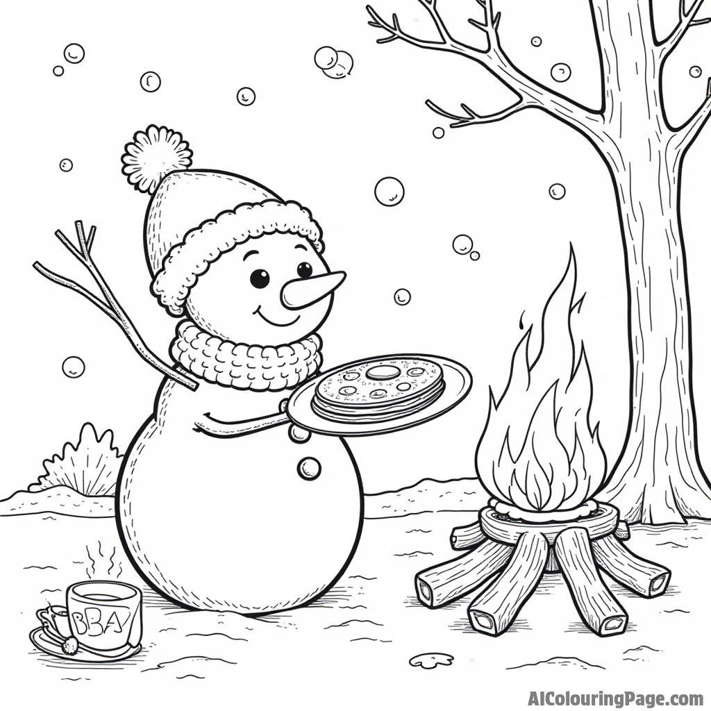 A cozy winter scene with a snowman holding a pancake plate next to a warm fire and a hot cocoa