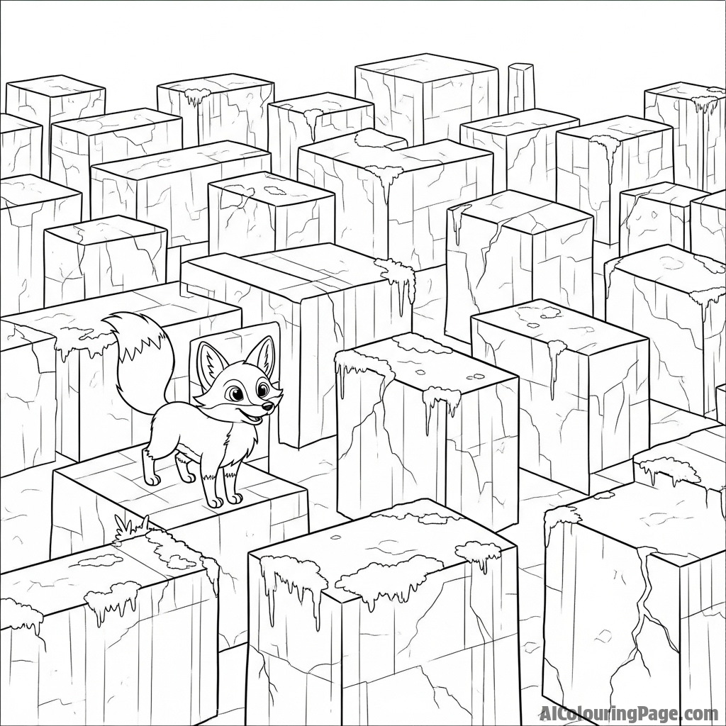 A fox navigating a labyrinth of towering, ancient stone ruins.