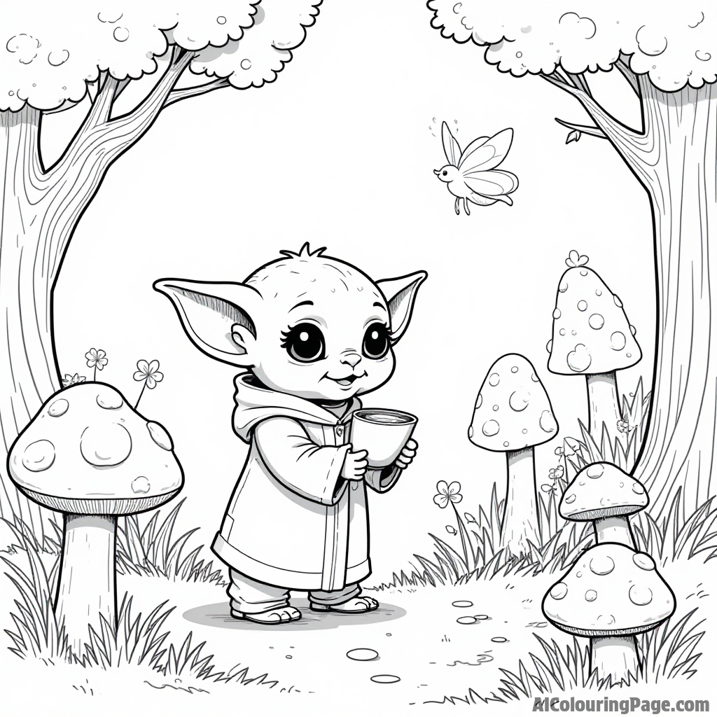 Baby Yoda exploring a magical forest filled with friendly fairies and glowing mushrooms