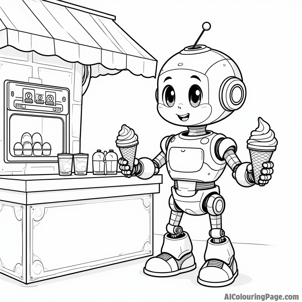 A friendly robot serving ice cream to kids at a futuristic ice cream shop