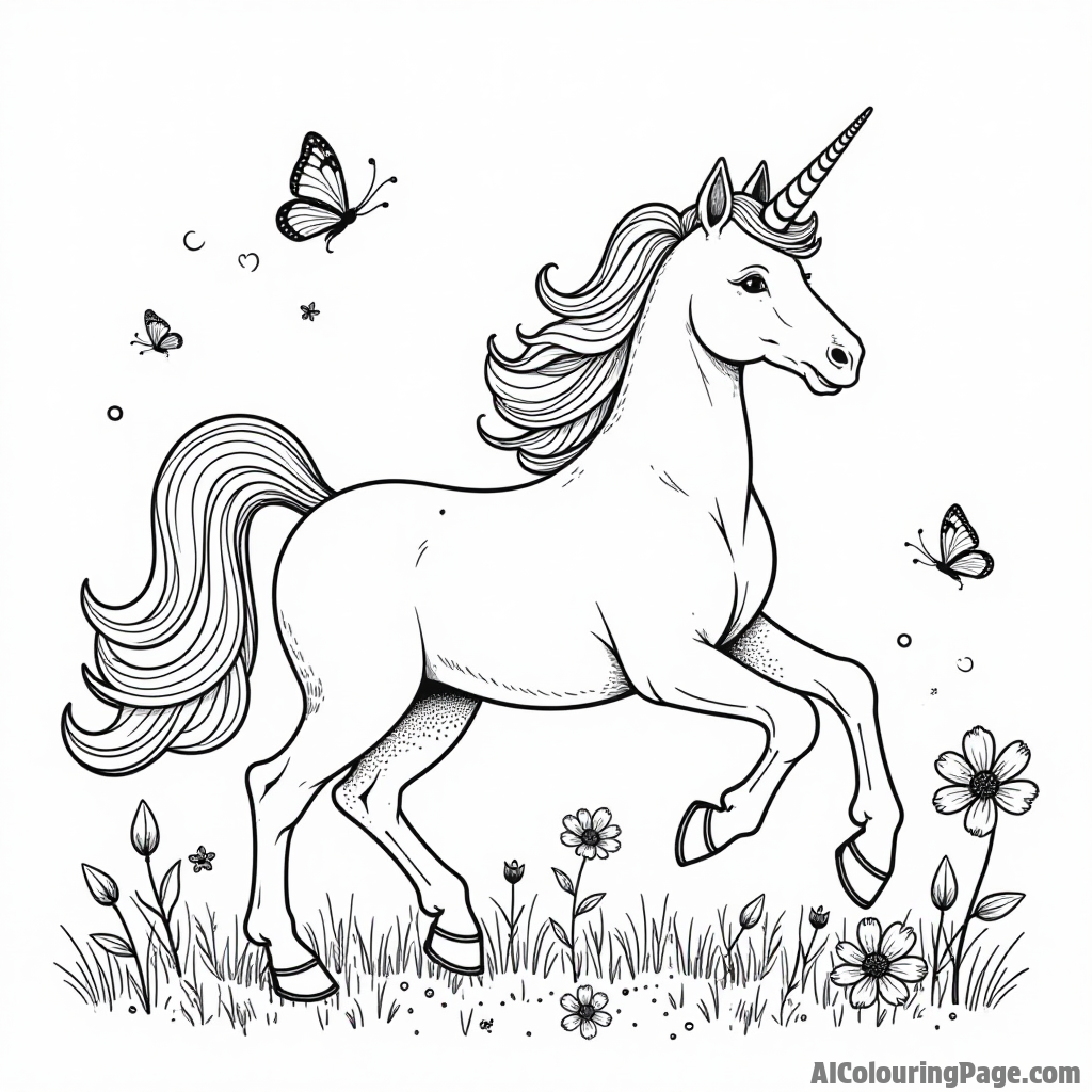 An elegant unicorn prancing in a meadow, surrounded by flowers and butterflies, radiating magic and joy in the air.