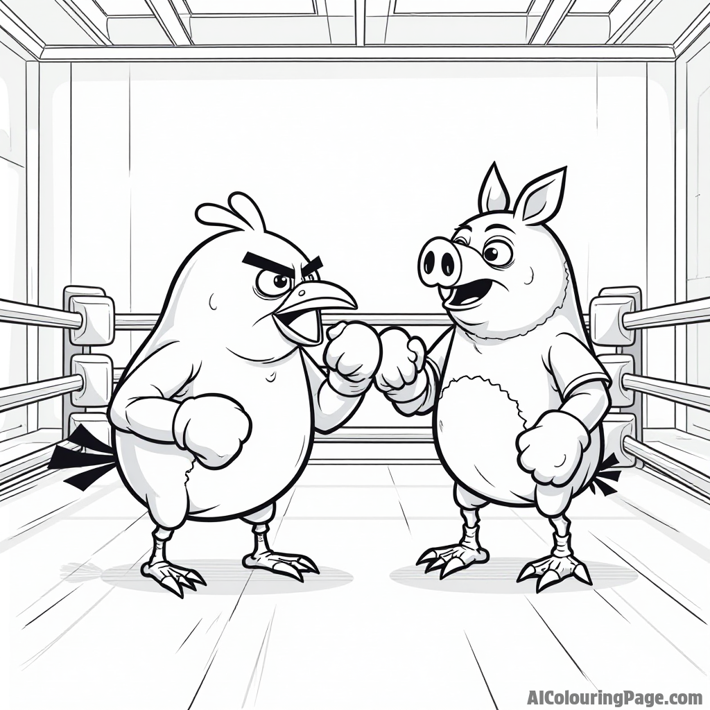 An angry bird in a boxing ring with a pig as the referee, both ready for a fun match in a gym