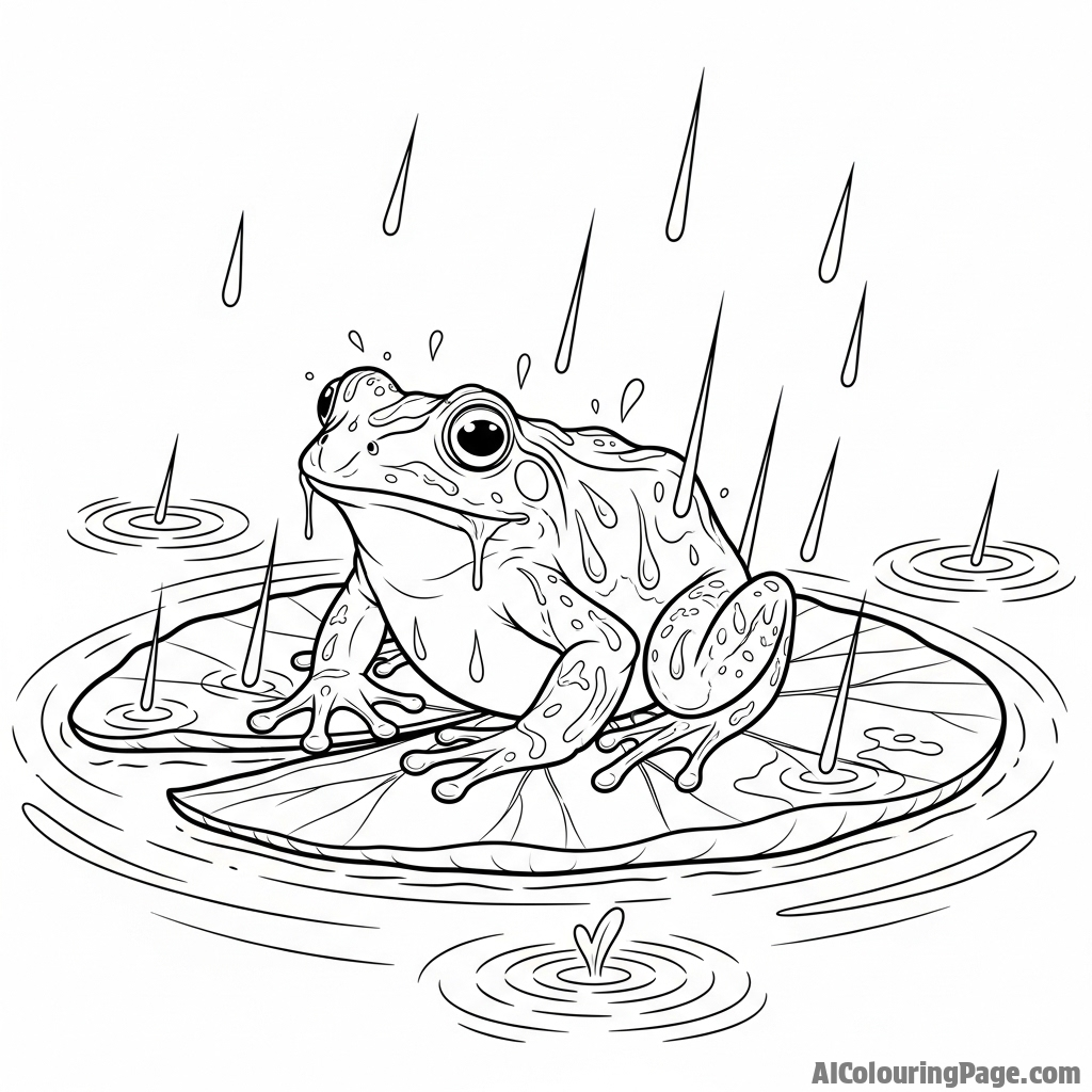 A frog with glistening skin sitting on a lily pad in the rain