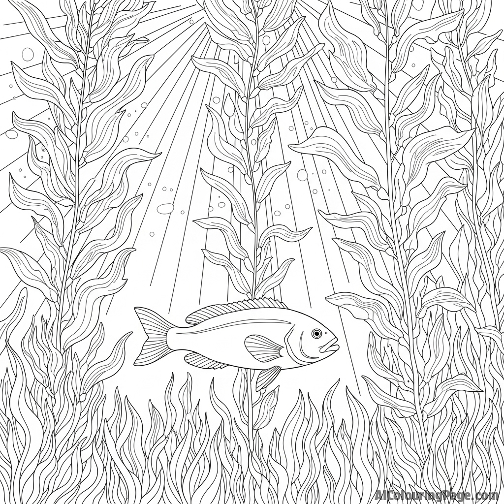 A fish swimming through a dense forest of kelp, sunbeams filtering down.