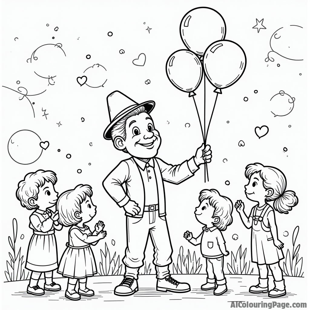 A charming balloon artist twisting balloons into fun shapes, children mesmerized by the creations, and a festive background, creating a wonderful coloring page for Festivals and Traditions.