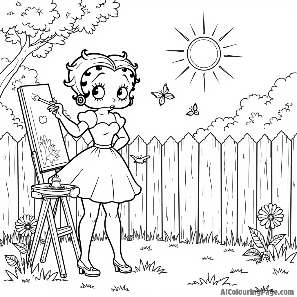 Betty Boop painting a fence in a backyard filled with flowers, butterflies, and a bright sun shining down