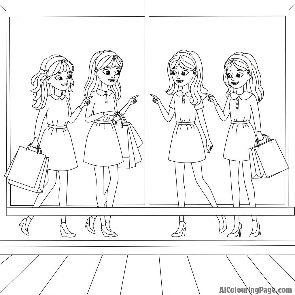 Girls window shopping, pointing and giggling at fashionable items.