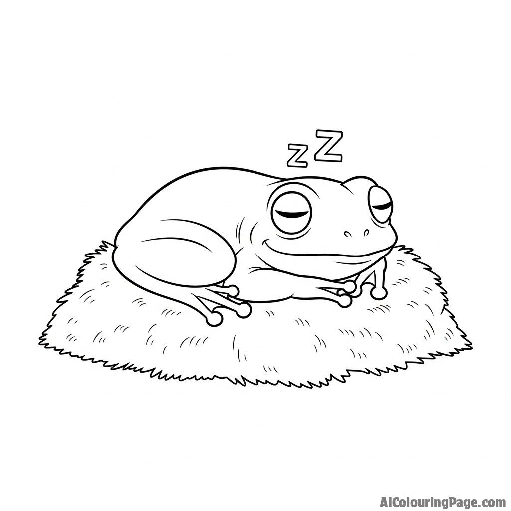 A frog sleeping peacefully, curled up on a soft bed of moss.