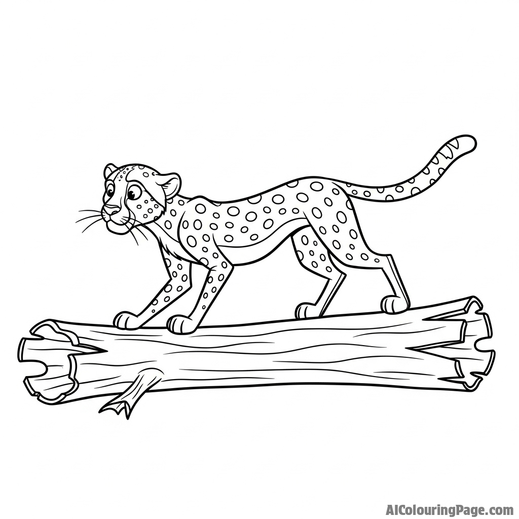 A cheetah balancing with perfect grace on the length of a fallen log.