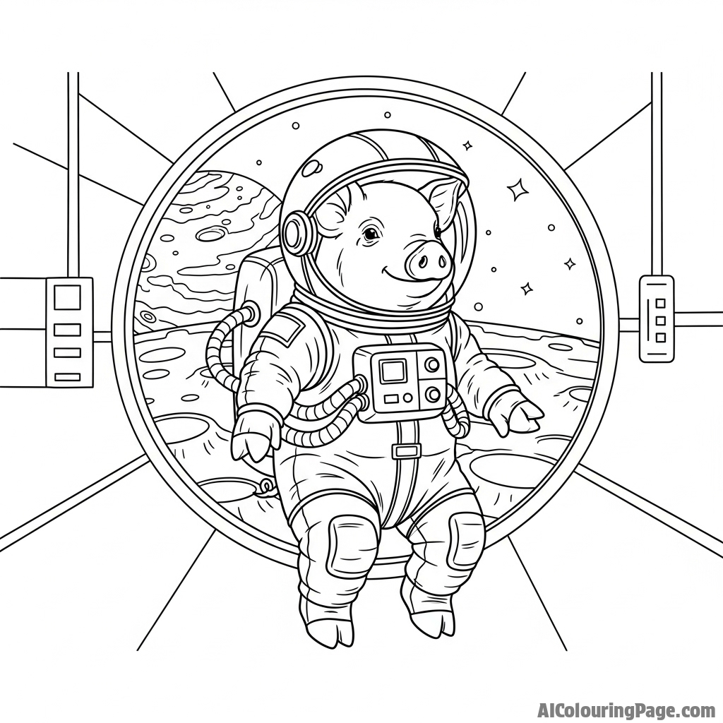 An astronaut pig floating in zero gravity, a planet visible through the spaceship window.