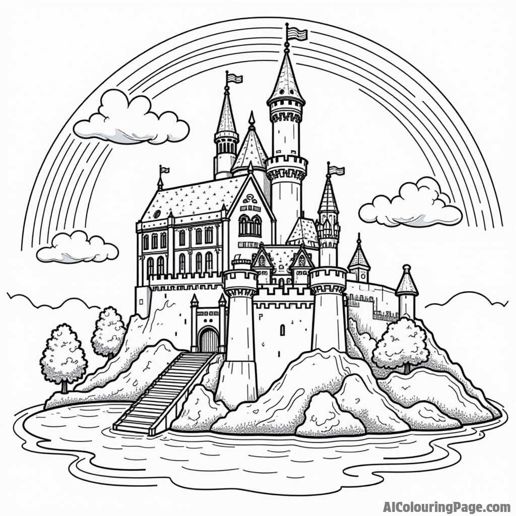 A majestic castle on a hill with flags flying, surrounded by a moat, trees, and a rainbow in the sky